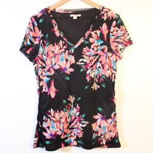 Dana Buchman Women’s XL Black Floral Short‎ Sleeve Blouse V-Neck Nylon Lined